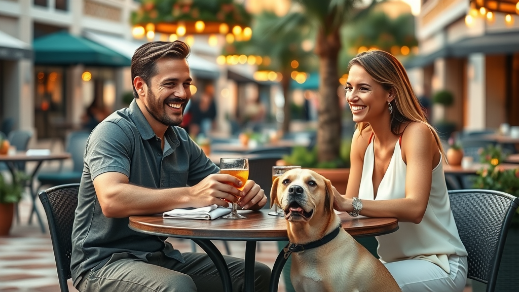Couple dining outside with dog in downtown Orlando, pet-friendly outdoor dining, celebration town center, patio scene