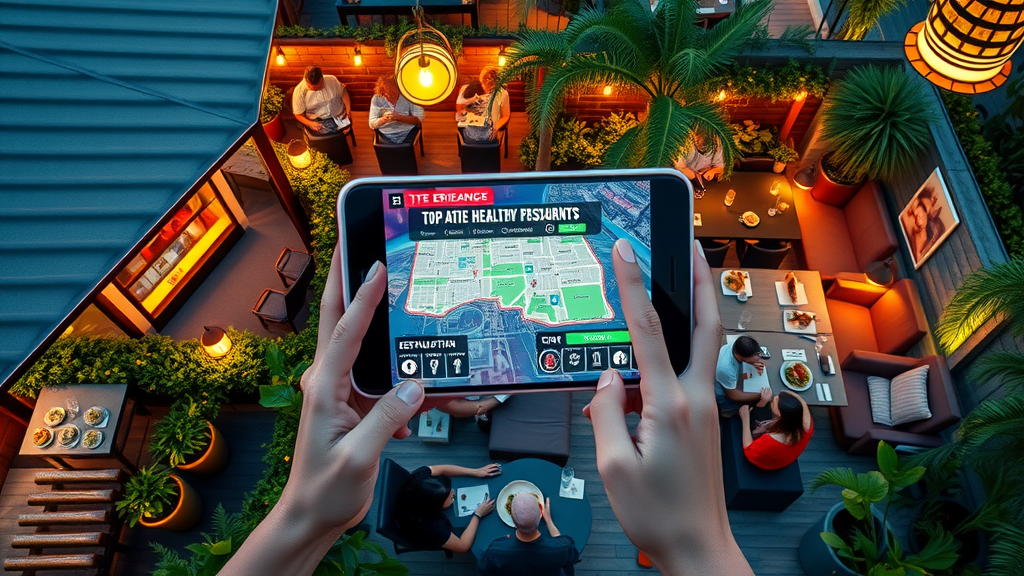 Overhead shot of an Orlando restaurant patio with digital device showing top-rated healthy restaurants - orlando dining options on social media