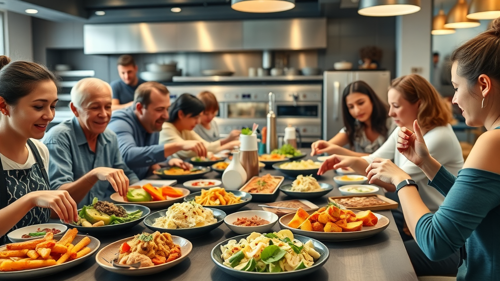 A spread of gluten free dishes at top restaurants in Orlando, diverse group reaching for food
