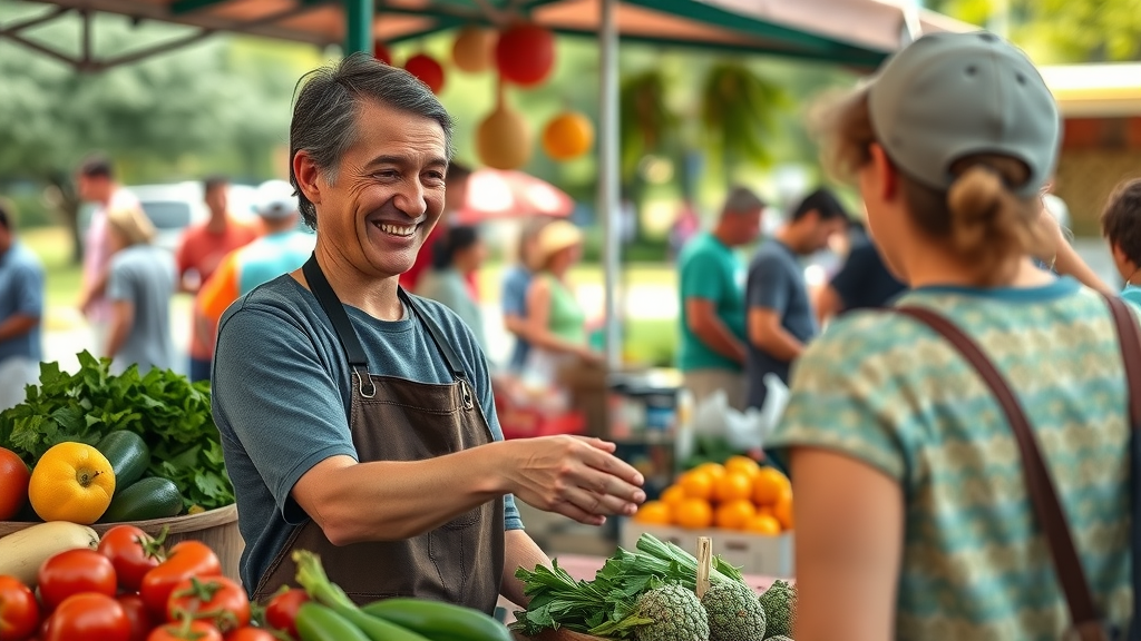 charming farmers market vendor at a colorful produce stall handing fresh organic vegetables to a smiling customer at an Orlando farmers market