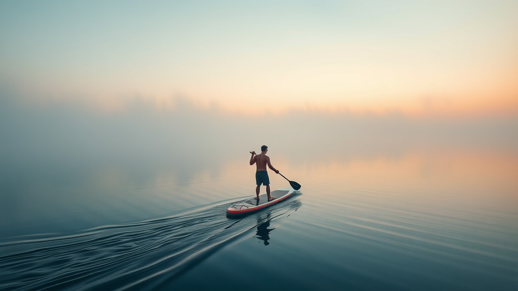Solo paddleboarder on tranquil early morning water at one of the best paddleboarding spots near Orlando