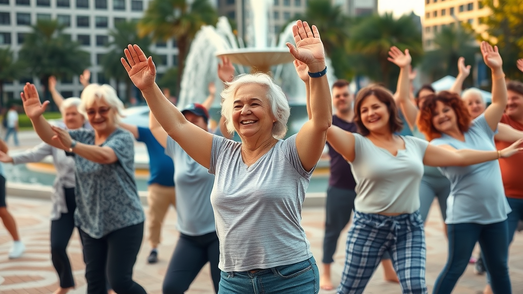 outdoor fitness classes Orlando older and younger adults group stretch class city park fountain