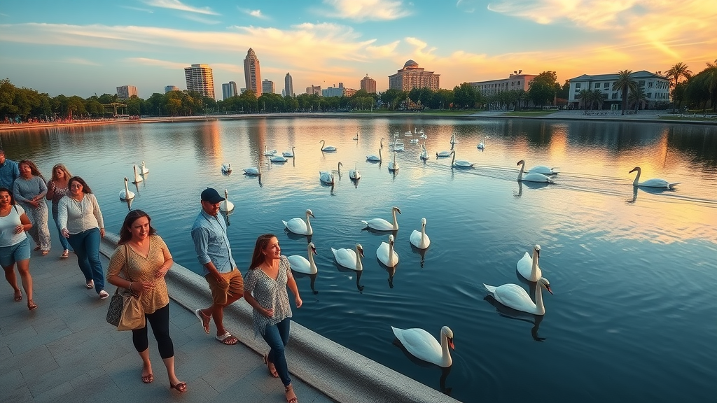 Scenic Lake Eola at sunset, people walking by swan-filled lake, city skyline in background, Orlando - lake eola, best parks for walking in orlando
