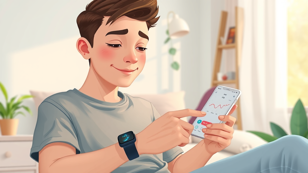 Young adult using wearable health technology with mood tracking app