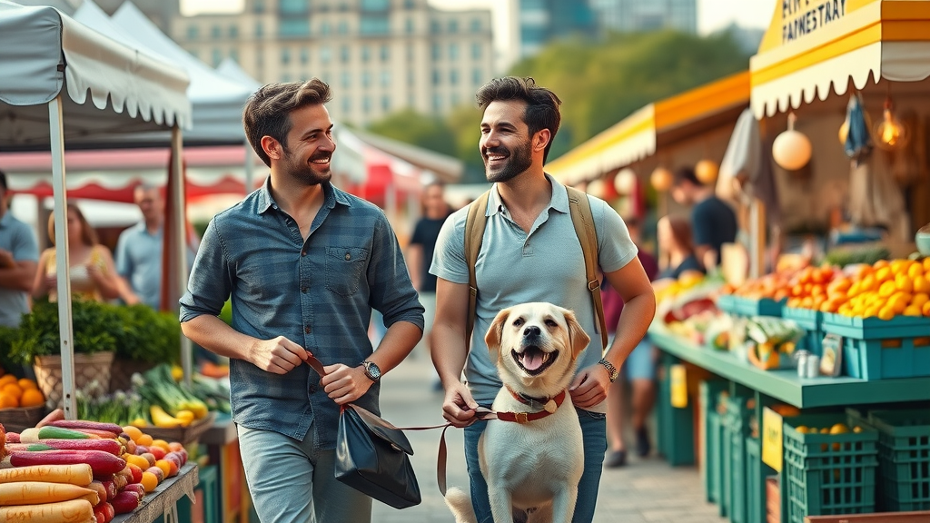 Couple with their dog exploring Orlando Farmers Market, pet-friendly outdoor activities orlando, colorful market stalls