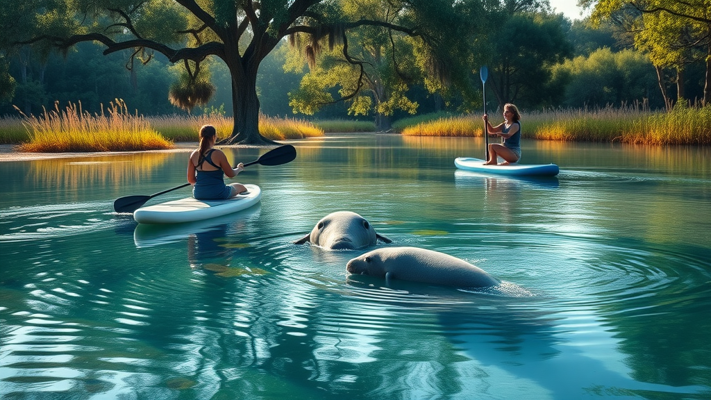 Two paddleboarders observing manatees in a clear spring at Blue Springs State Park near Orlando