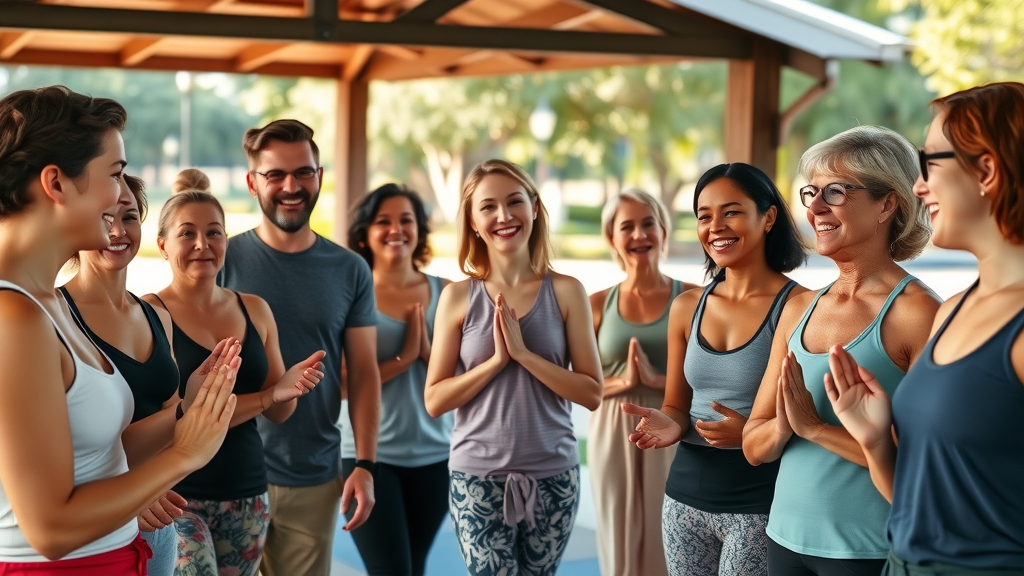 group of yoga participants chatting with instructor, discussing free yoga classes in Orlando after an outdoor class
