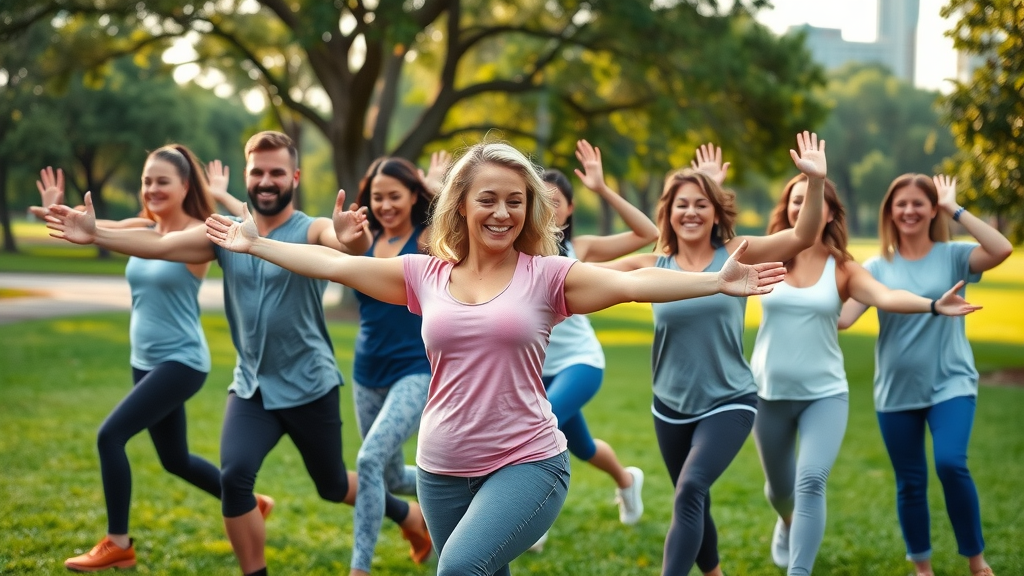 outdoor fitness classes Orlando diverse group group exercise class city skyline park morning sunlight