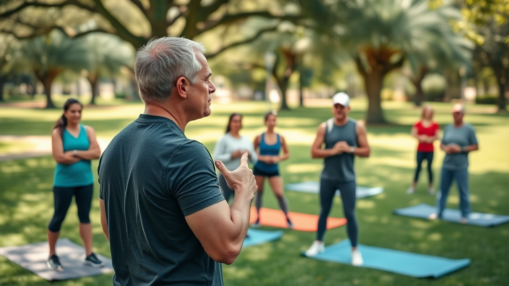 outdoor fitness classes Orlando fitness coach group exercise class open park mats natural greenery