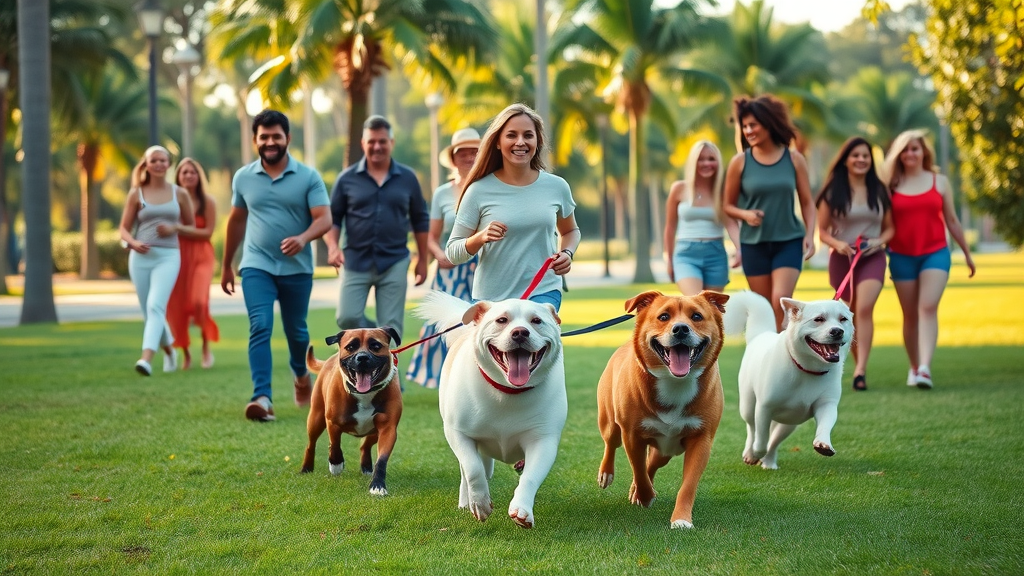 Vibrant group of diverse people and their happy dogs, pet-friendly outdoor activities orlando, lush green park, photorealistic, palm trees