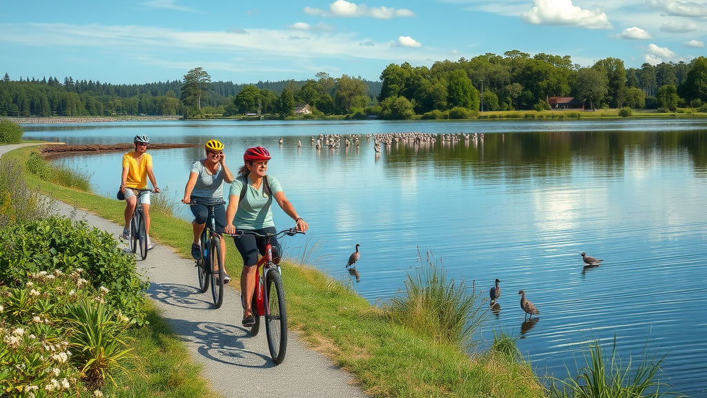 Picturesque lakefront bike trail with abundant wildlife, relaxed cyclists observing birds and nature, pedaling beside serene lake waters.
