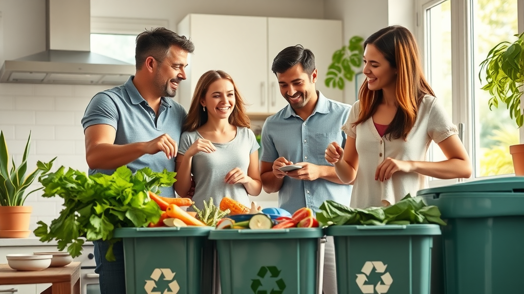 Orlando family practicing zero waste in modern kitchen with compost, recycling, and trash bins. City Beautiful sustainable living tips in action.