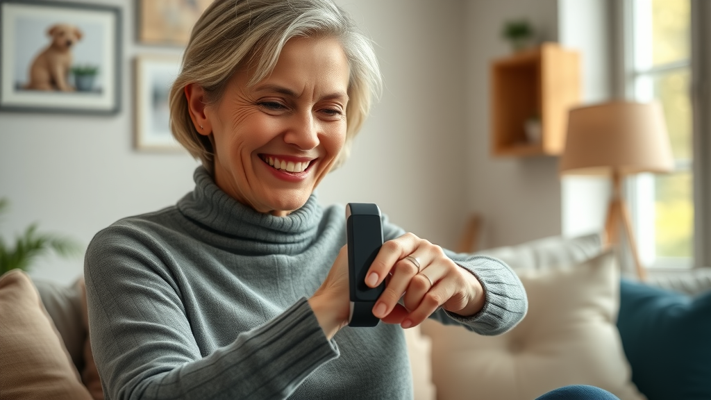 Happy woman using smartwatch for health tracking
