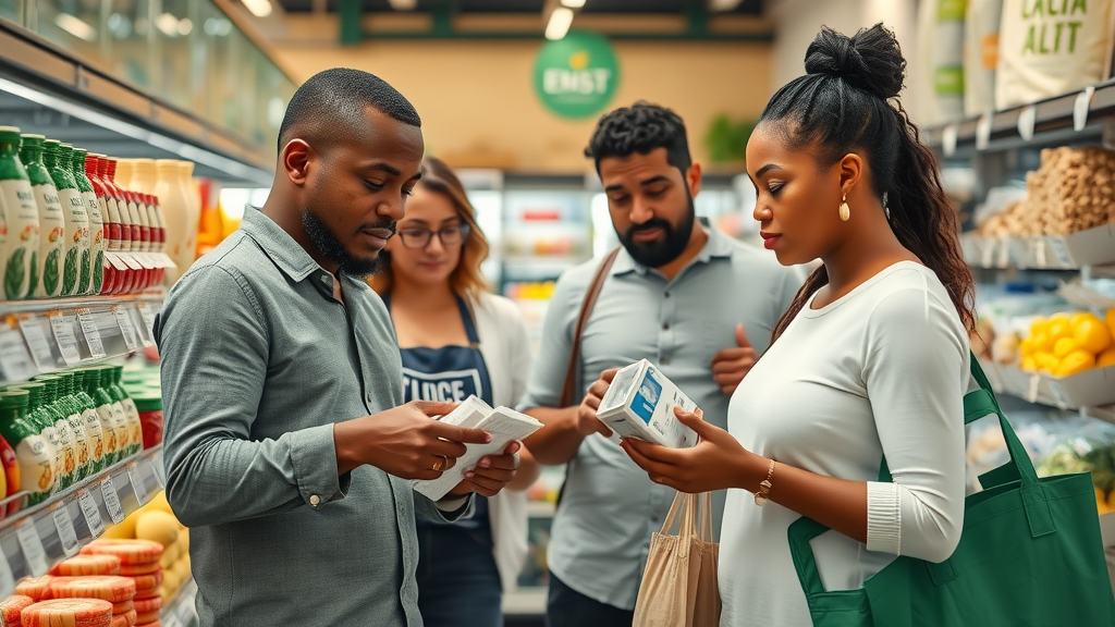 Orlando residents comparing prices at sustainable grocery store with reusable containers and bulk goods. Zero waste savings in practice.