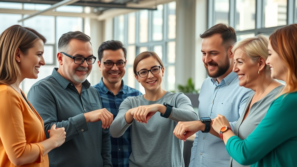 Group of adults collaboratively discussing wearable health technology in a modern workspace