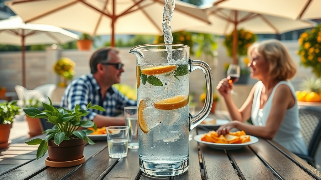 Refreshing glass pitcher of infused water on a patio table with citrus trees, Orlando outdoor restaurant - staying hydrated dining outdoors