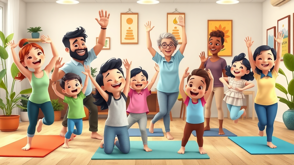 friendly family yoga group, parents and kids practicing playful yoga poses during free yoga classes in Orlando