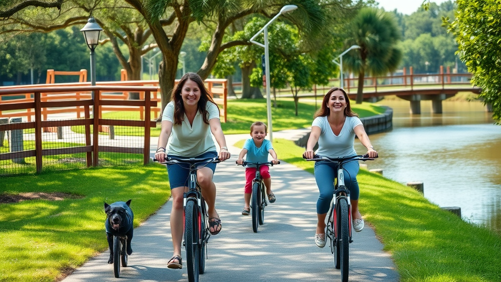 Scenic bike trail by river in Orlando, happy family cycling, children and adults pedaling together, with wooden bridges, riverbanks, and shaded trees.