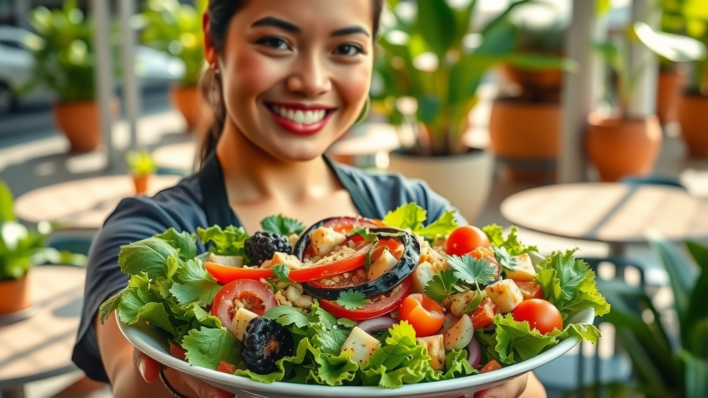 Signature healthy dishes from Orlando restaurants on a patio with sunlit tables and fresh greens - healthy food in Orlando