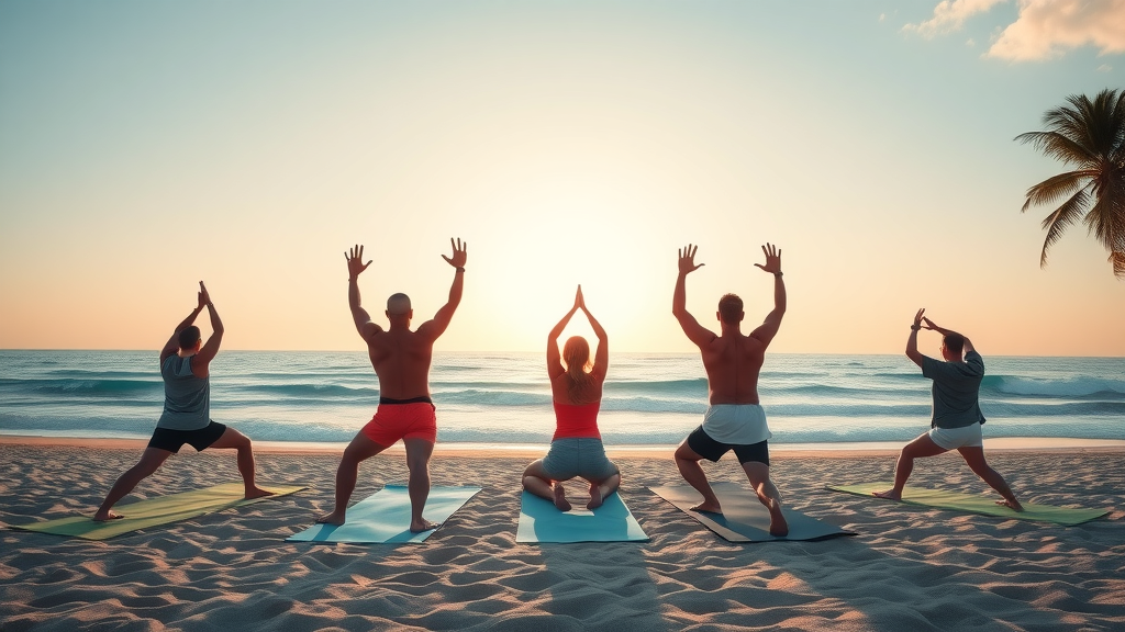 serene sunrise beach yoga session in Orlando, free beach resort yoga class, participants performing sun salutations by the ocean