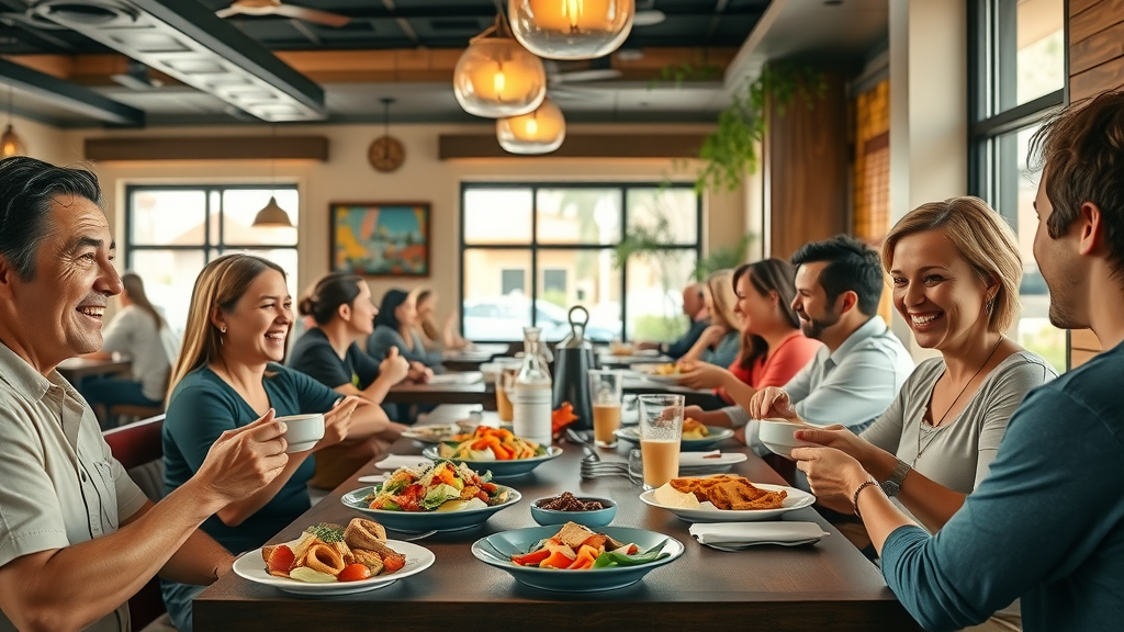 Inviting restaurant interior with cheerful diners enjoying gluten free dining options in Orlando
