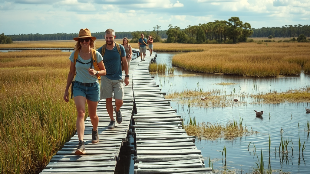 Hikers with adventurous look traversing Black Bear Wilderness boardwalks over wetlands, Central Florida - black bear, bear wilderness, best parks for walking in orlando