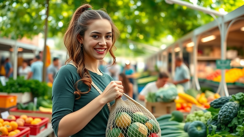Orlando resident at farmers market holding reusable bag and inspecting unpackaged organic produce. Zero waste living tips in action.