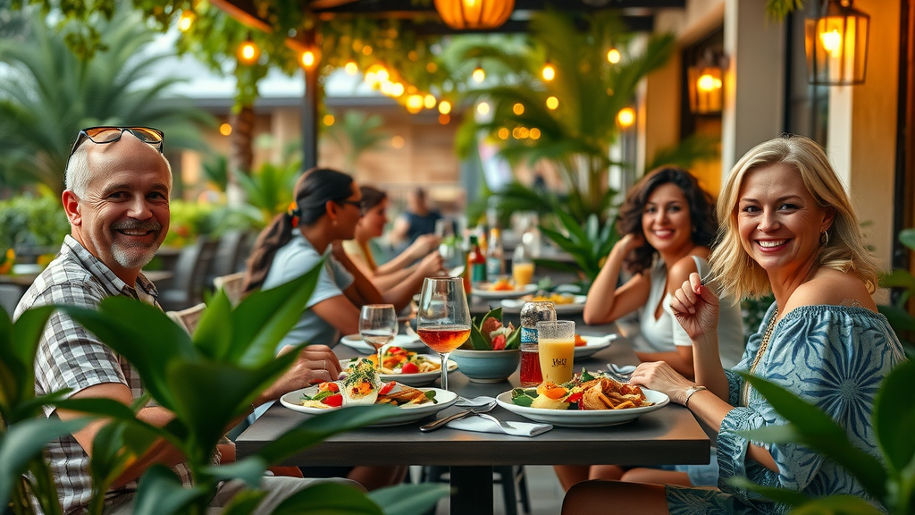 Lush inviting patio dining at a healthy Orlando restaurant with string lights and tropical foliage - healthy restaurants with outdoor seating Orlando