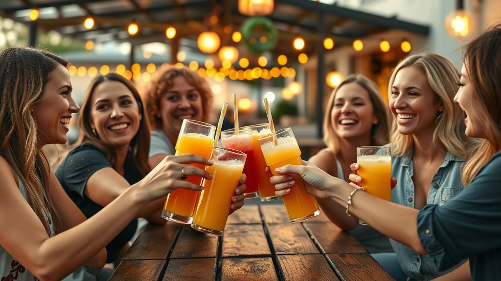 Group of friends toasting fresh juices at a trendy Orlando outdoor eatery with string lights and sunset lighting - healthy restaurants with outdoor seating Orlando