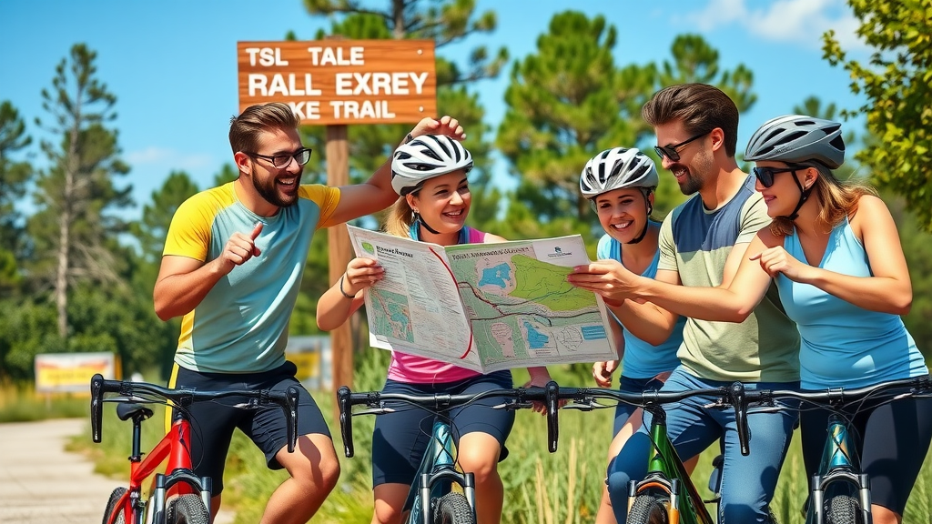 Cheerful group of beginner cyclists on Orlando bike trail, pausing to check trail map and share tips, with trail sign, pine trees, and blue sky.