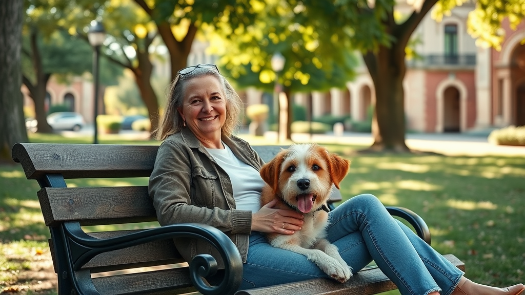 Woman relaxing on a bench with her dog at Winter Park, pet-friendly outdoor activities orlando, leafy surroundings, historic flair