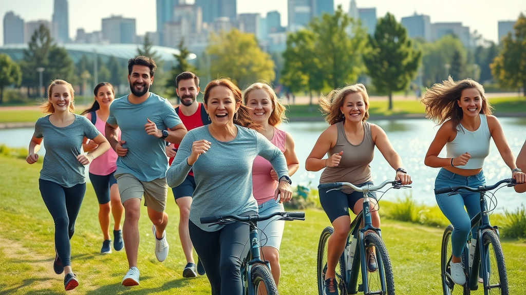 healthy things to do in Orlando—adults jogging and cycling in a modern city park, Lake Eola, Central Florida skyline, health and wellness outdoors