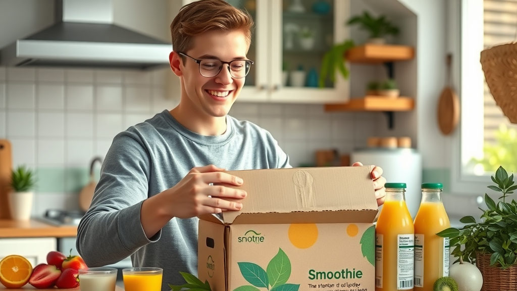 Home smoothie delivery in Orlando kitchen unboxing fresh healthy smoothies and fruit drinks