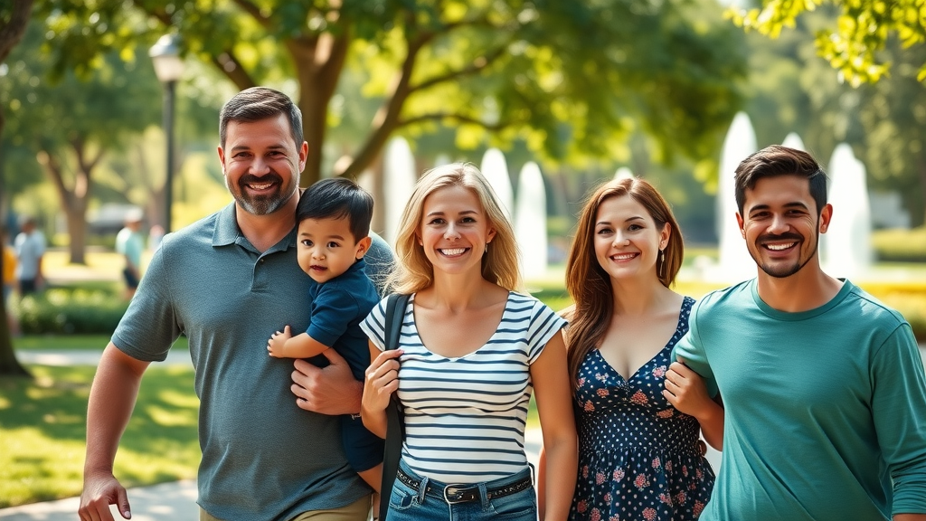 family-friendly healthy activities orlando, Orlando family in Lake Eola park, smiling family, walking together