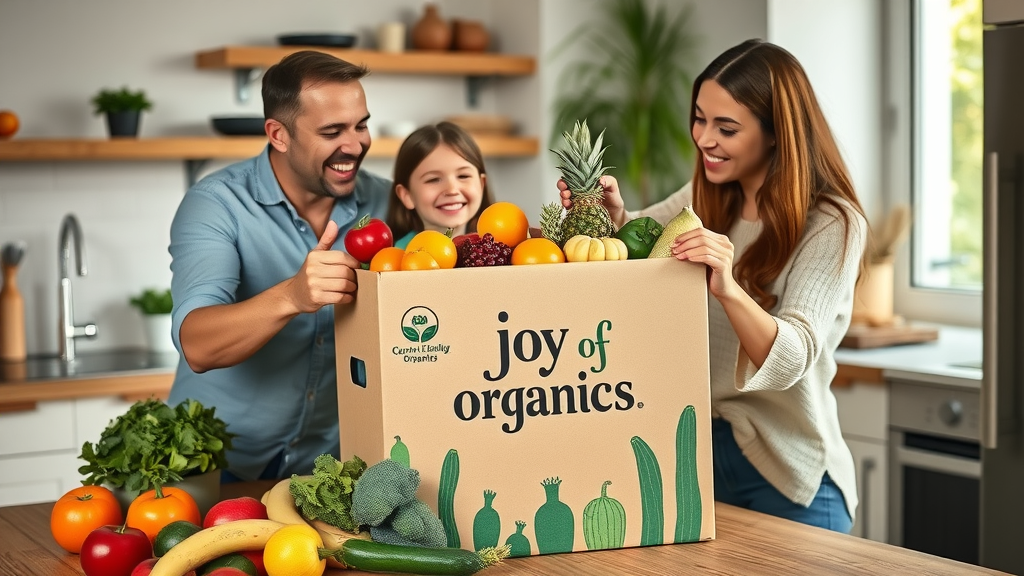 Joy of Organics produce box with colorful fruits and vegetables being unpacked by a happy family in a modern kitchen where to buy organic produce in Orlando