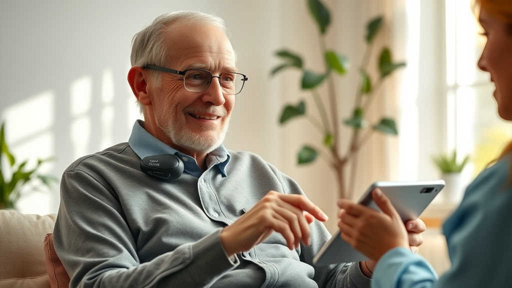 Elderly patient using wireless remote health monitor with healthcare professional