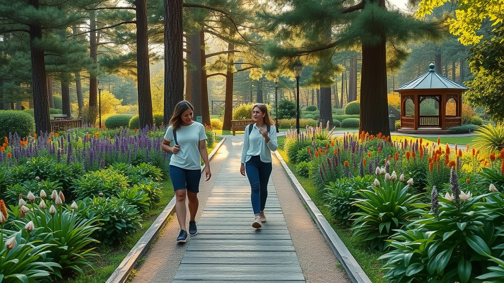 Enchanting Mead Botanical Garden path, morning light, individuals observing butterflies near lush flower beds, Winter Park - best parks for walking in orlando