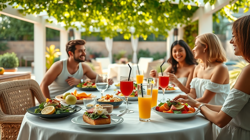 Vibrant salads and fruit drinks on an outdoor Orlando restaurant table, canopy patio, sun-dappled lighting - healthy restaurants with outdoor seating Orlando