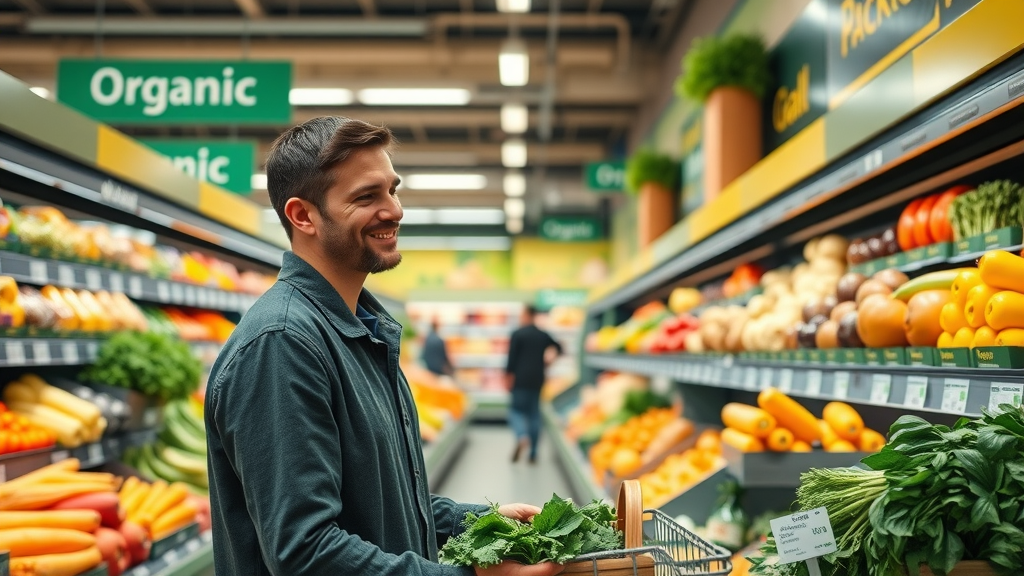 well-lit supermarket aisle in Orlando filled with neatly arranged organic fruits and vegetables highlighting best places where to buy organic produce in Orlando