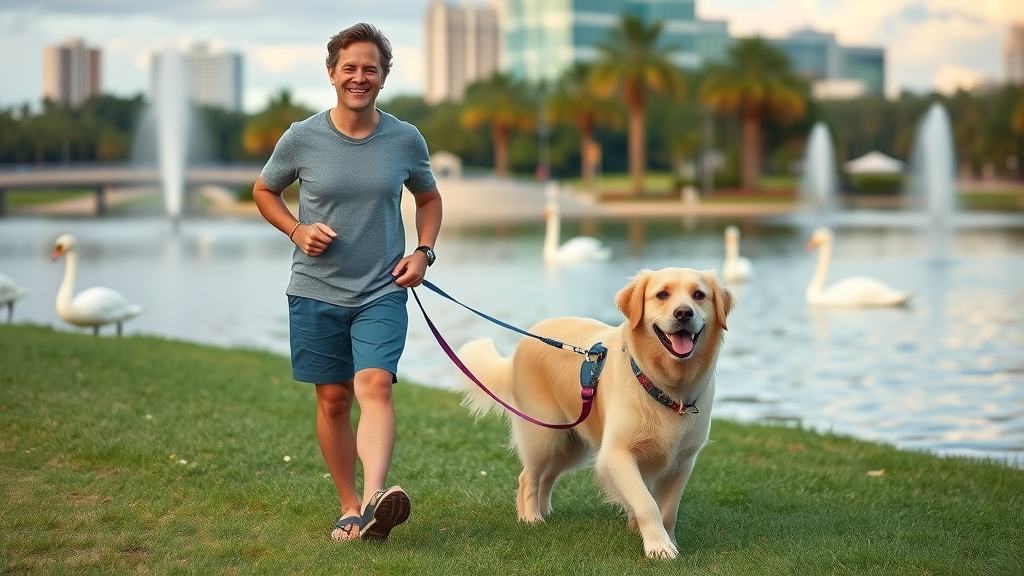 Dog and owner walking by Lake Eola, pet-friendly outdoor activities orlando, swans, fountains, city skyline, photorealistic