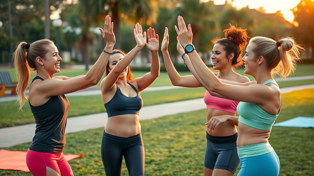 outdoor fitness classes Orlando happy friends high-fives group exercise class vibrant park fitness mats