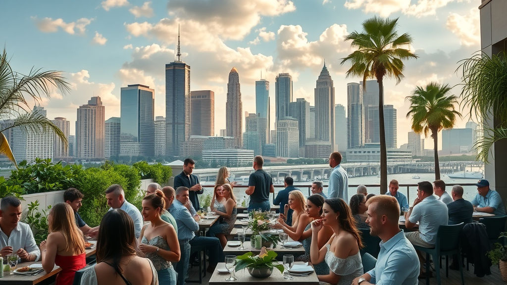 Chic downtown Orlando skyline behind a restaurant patio, diners and plant-based plates - downtown orlando healthy restaurants