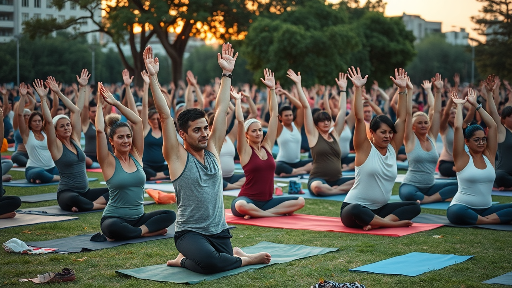 lively urban yoga gathering at Thornton Park, city backdrop, people of all ages enjoying free community yoga class in Orlando