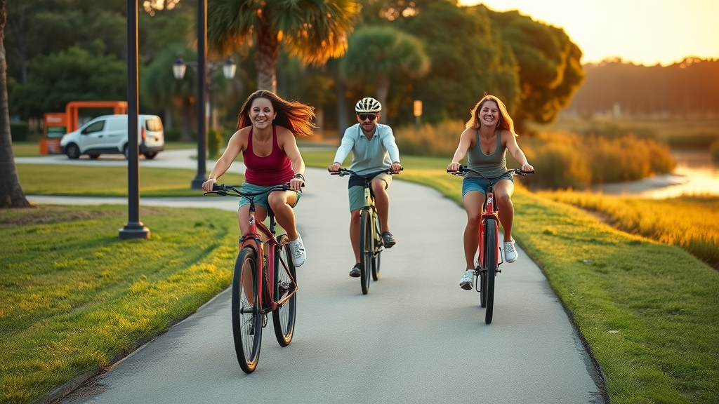 Inviting Orlando bike trail at sunrise, joyful beginner cyclists riding leisurely along a smooth paved path with lush greenery, riverbank, and recreational park signs.
