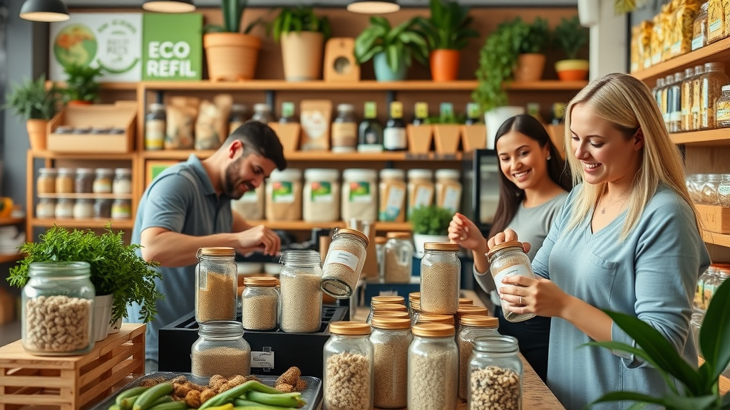 Orlando bulk refill store with shoppers using glass jars and eco-friendly labels. Sustainable shopping tips in City Beautiful.