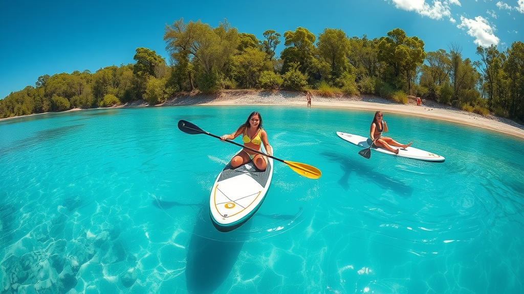 Adventurous paddleboarders gliding across crystal-clear blue spring surrounded by lush wildlife at paddleboarding spots near Orlando
