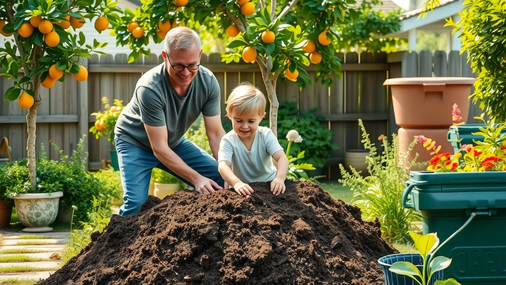 Orlando backyard composting with citrus trees and compost bin. Managing organic waste sustainably in City Beautiful.