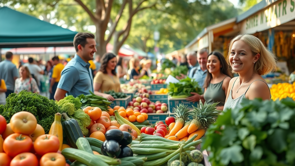 vibrant display of fresh organic fruits and vegetables at a bustling Orlando farmers market with smiling shoppers admiring the produce where to buy organic produce in Orlando
