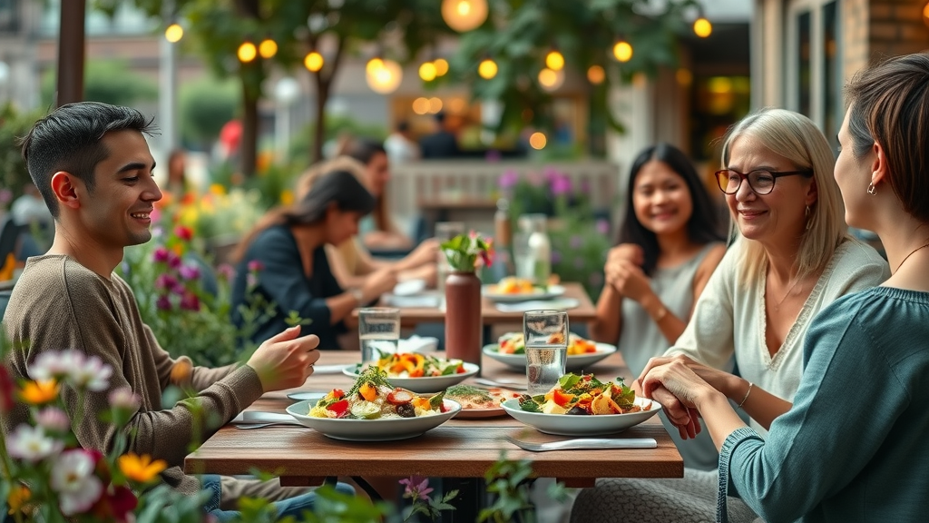 Peaceful outdoor vegan cafe with plant-based cuisine and urban garden in Orlando - healthy plant-based restaurant outdoor dining