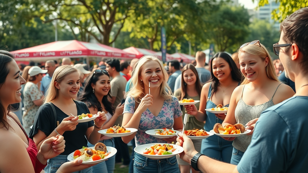 vibrant crowd enjoying healthy dishes at Orlando food festival, healthy food festivals Orlando, central Florida food events